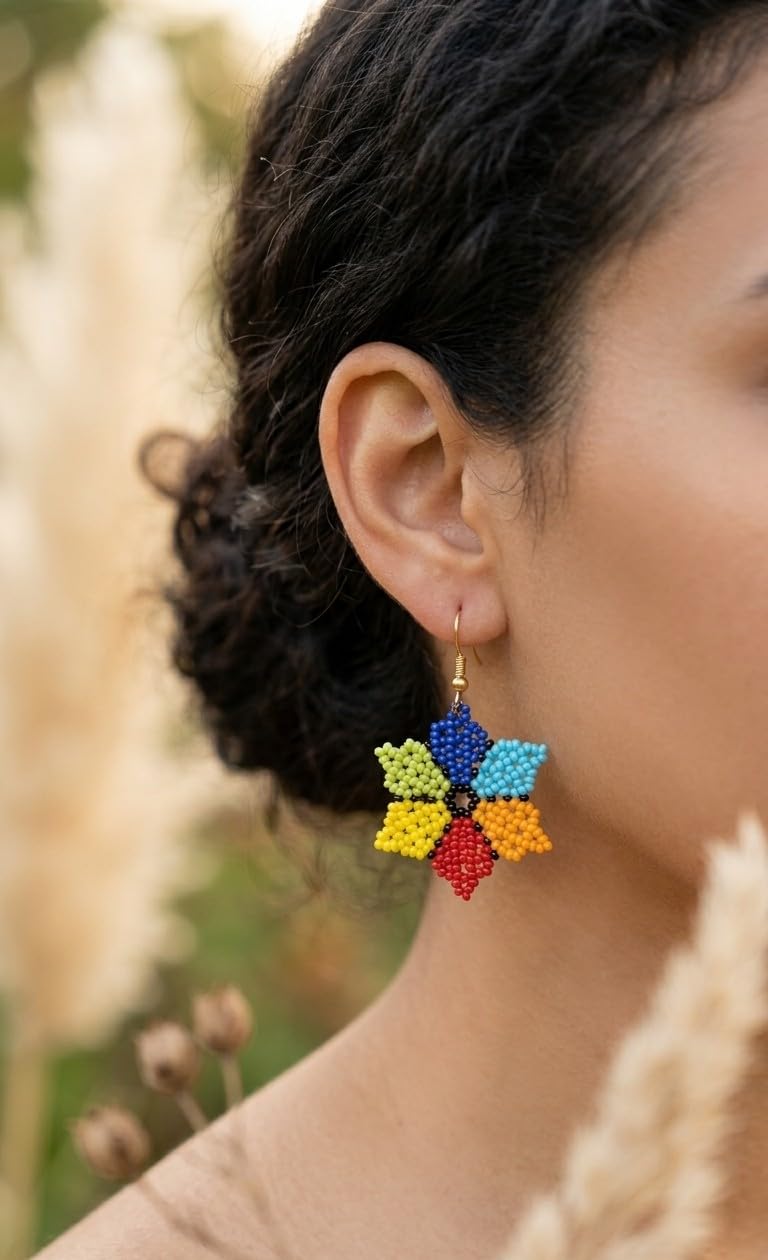 KRITAARTH Handmade Multicolor Beaded Flower Drop Earrings for Women & Girls | Colorful Seed Bead Dangle Earrings | Boho Fashion Jewellery | Lightweight Statement Earrings | Gift for Her