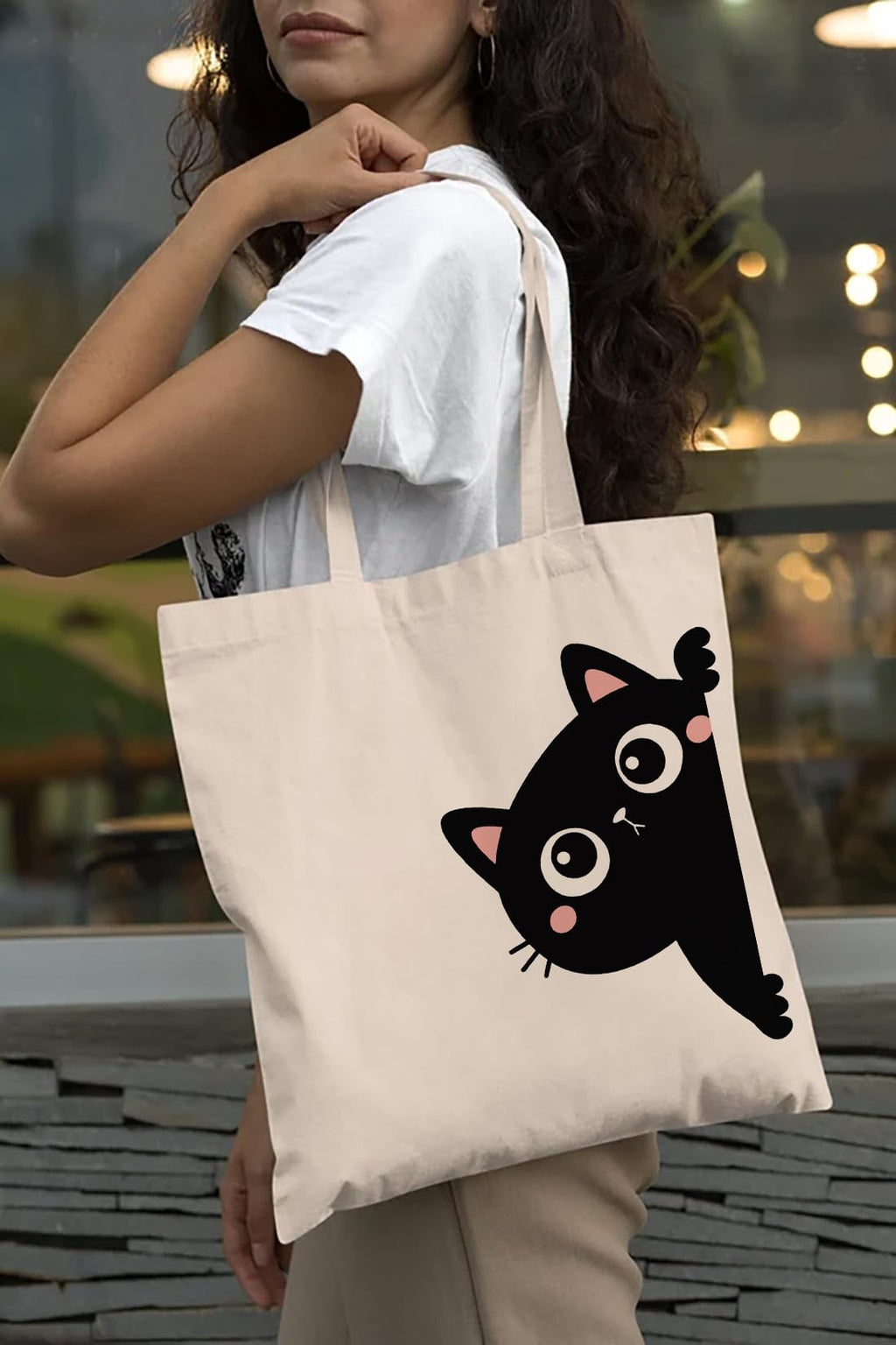 The Purple Tree Felix Cat Cotton Classic Tote Bag for Women - Eco-Friendly, Reusable Shopping Bag, College Bag, White (Pack of 1)