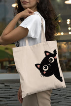 The Purple Tree Felix Cat Cotton Classic Tote Bag for Women - Eco-Friendly, Reusable Shopping Bag, College Bag, White (Pack of 1)