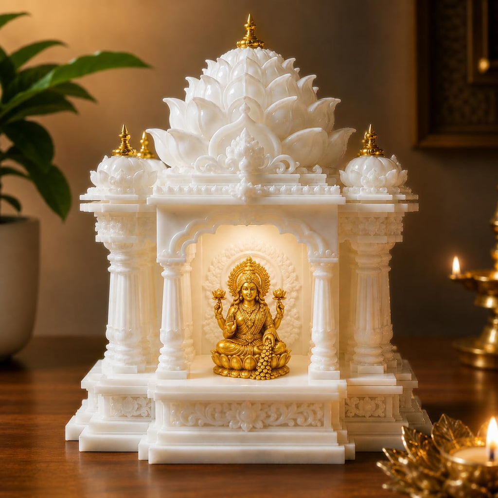Premium Lotus Mandir for Home Decor | LED Temple | Customizable (Hanuman, Ivory, Large)