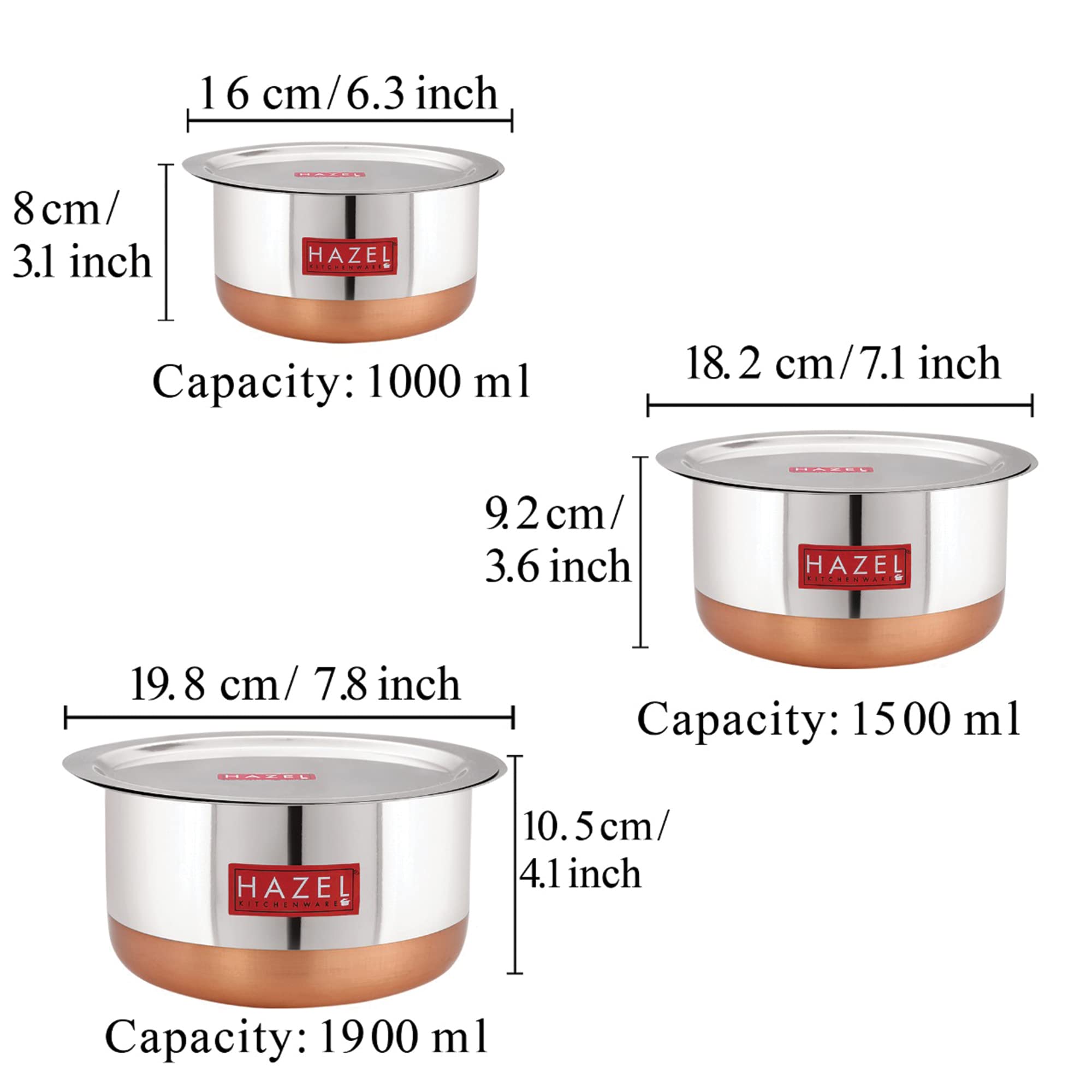 HAZEL Stainless Steel Patila Set with Lid 3 Pieces (1 L, 1.5 L & 1.9 L) | Copper Bottom Tope for Daily Cooking | Durable Kitchen Utensils Set