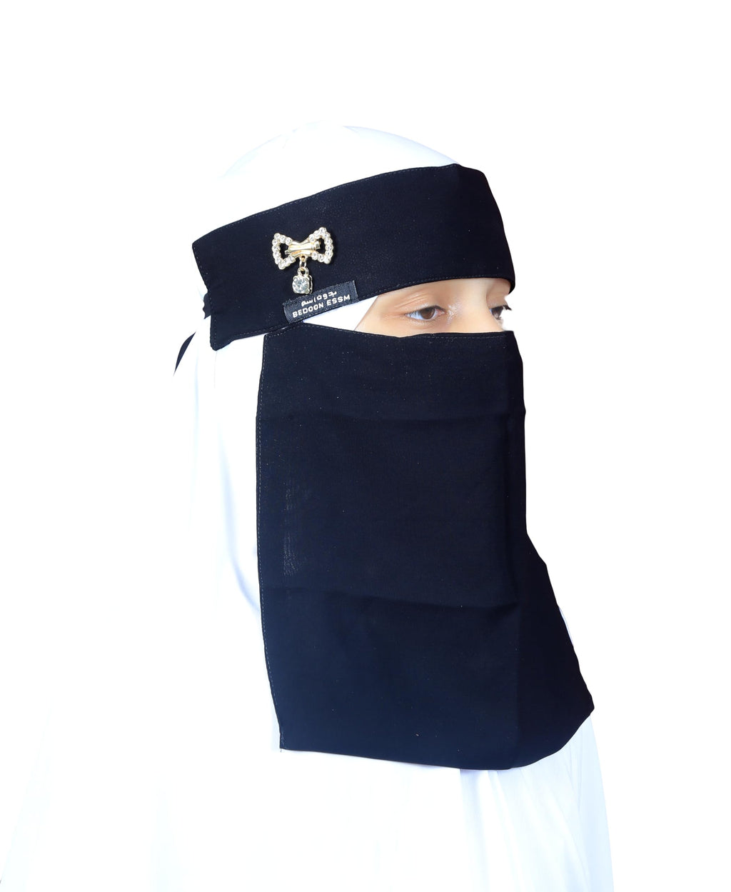 AL RIDHA Women's Babussalam Fabric Fashion Nosepiece One‑Layer Half Hijab Pendant Design Saudi Niqab for Muslim Women and Girls, Black (Gold Bow Drop Pendant)