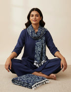 Women's Pure MalMal Cotton Scarf, Navy Blue Floral Paisley Print with White Fringe Tassels