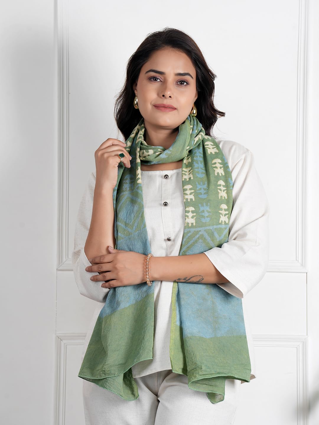 RAI SAHAB Printed Cotton Scarf for Women, Lightweight Soft Scarves Stoles for Summer & Winter(ST-76GRN10)