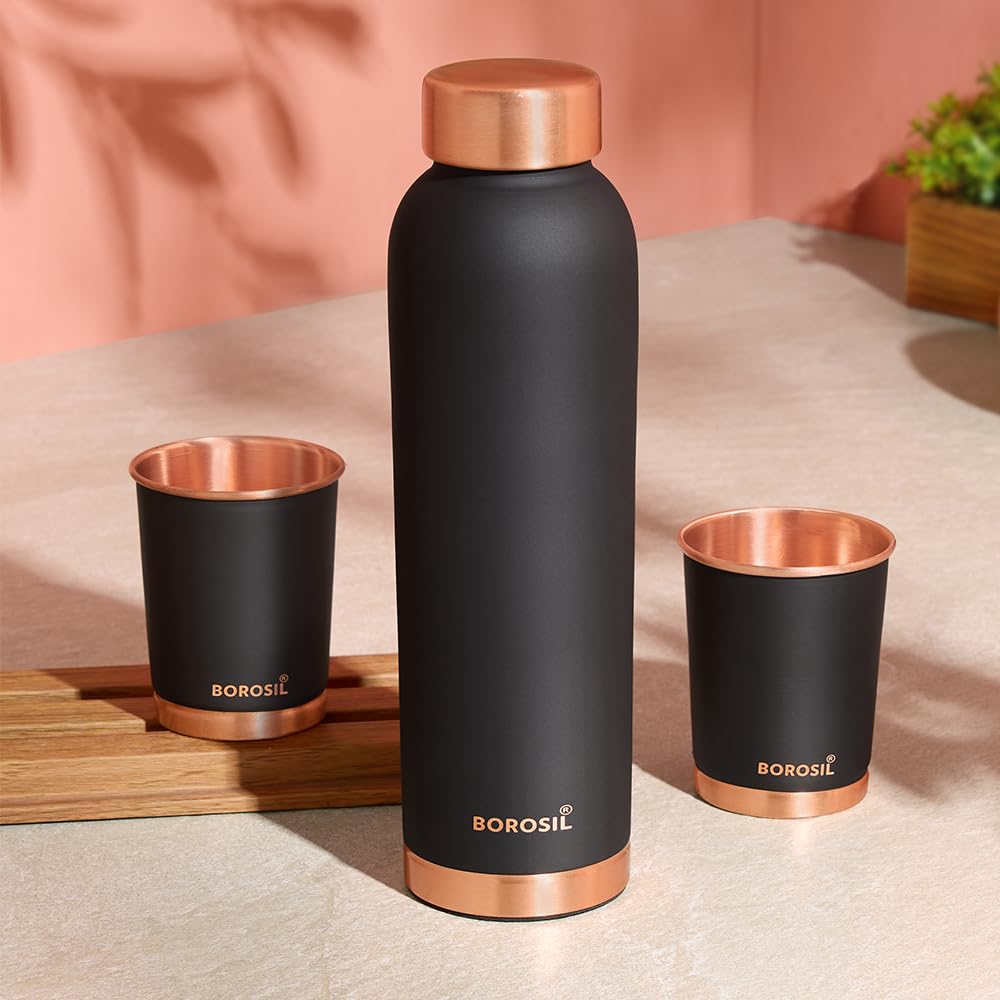 Borosil Eco Copper Bottle with Glass Set | 1L Bottle with 2 Tumbler (250 ml Each) | 100% Pure Copper with Anti-Oxidant Properties of Copper for Daily Use (Black)