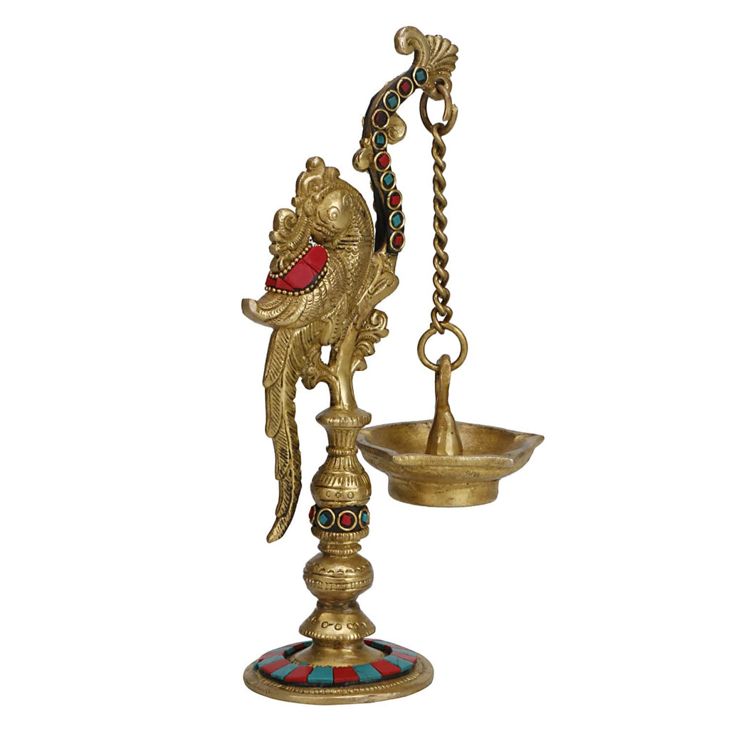 Svarup 9 Inch Small Multicolor Brass Parrot Long Chain Oil Lamp Diya: Ideal for Home Temple, Camphor/Kapur Burning, and Tabletop Puja