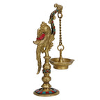 Svarup 9 Inch Small Multicolor Brass Parrot Long Chain Oil Lamp Diya: Ideal for Home Temple, Camphor/Kapur Burning, and Tabletop Puja