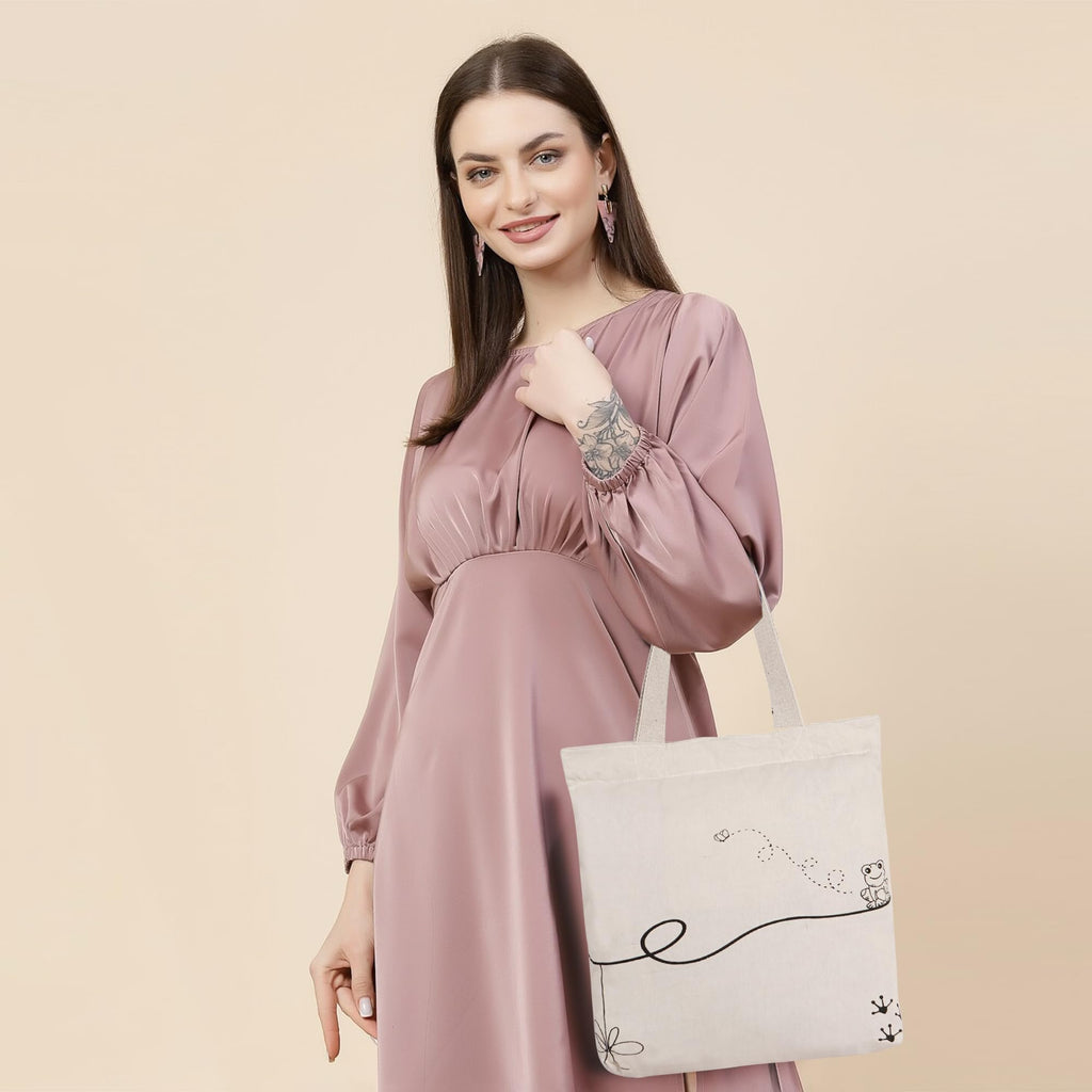 Half Moon Canvas Tote Bag Aesthetic Reusable Cotton Bags for Women Ladies Girls for School, College, Office, Travel Large Printed Design Eco-Friendly Shopping Bag for Everyday Use (Frog & Bee)