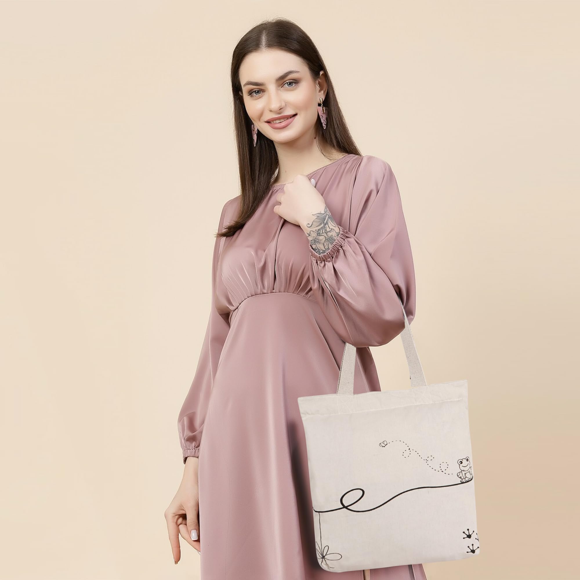 Half Moon Canvas Tote Bag Aesthetic Reusable Cotton Bags for Women Ladies Girls for School, College, Office, Travel Large Printed Design Eco-Friendly Shopping Bag for Everyday Use (Frog & Bee)