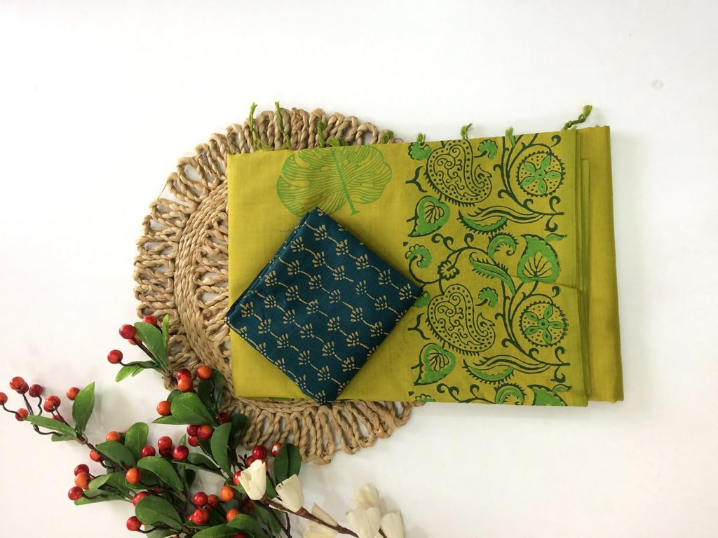 Women’s Pure South Cottonmix Sarees with Extra Kalamkari Blouse | Printed Cotton Sarees | Professional Office College Wear (Light Green Leaf)