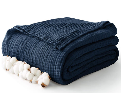 100% Cotton Muslin Blanket Large 50 x 70, 6 Layers Breathable and Lightweight Navy Throw Blanket for Bed and Couch, Soft Quilt Bedspread, Gauze Blanket for Adults All Season, Navy, Dark Blue Kafalo