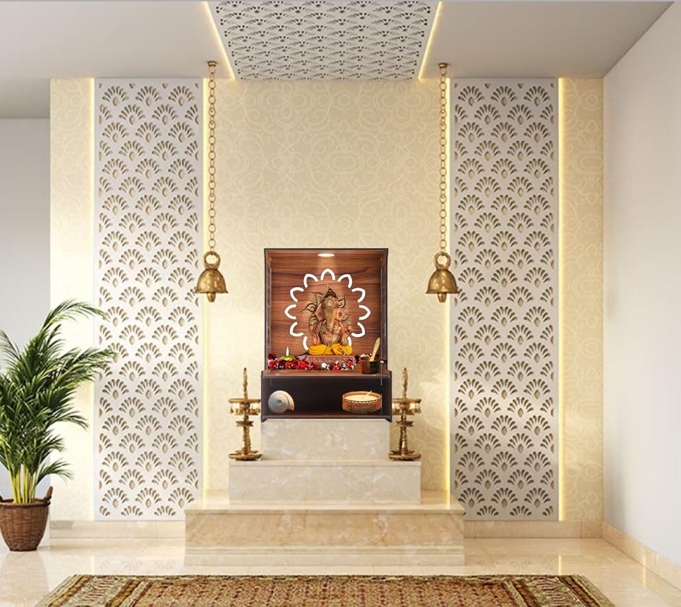 BOQP Wooden Pooja Stand for Home Mandir for Home Temple for Home and Office Puja Mandir for Home and Office Wall with LED Spot Light Product (H- 15.5, L- 11.5, W-11 Inch)