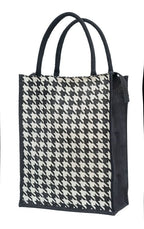 JUTEKA White Houndstooth Printed Jute Lunch Bag, Grocery Tote, Hand Bag, Picnic Bag for Men, Women, Girls, Kids with Zip