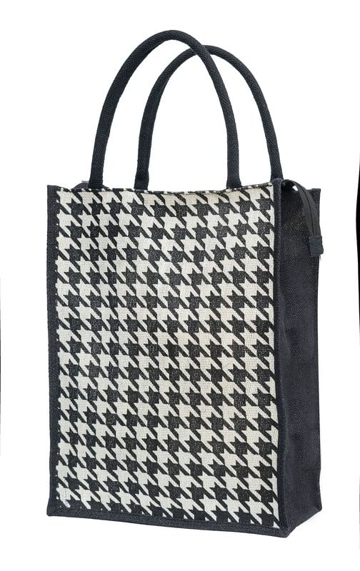 JUTEKA White Houndstooth Printed Jute Lunch Bag, Grocery Tote, Hand Bag, Picnic Bag for Men, Women, Girls, Kids with Zip