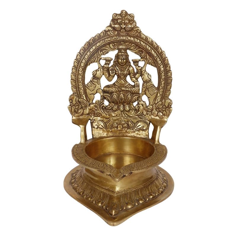 SVARUP 12 Inch Large Gold Color Brass Laxmi Diya with Big Container: Ideal for Home, Temple, Wedding Gifts & Pooja