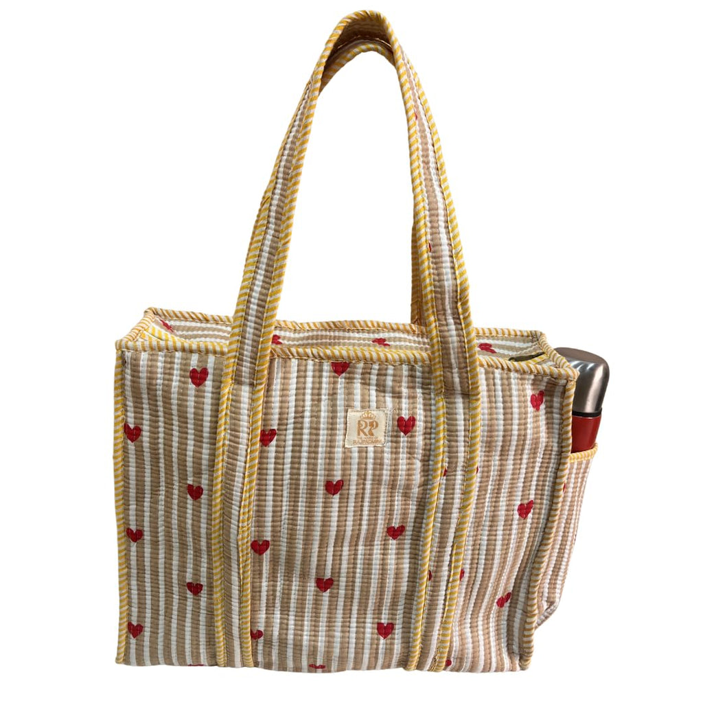 The House of RajPadmini Floral Quilted Cotton Shopping Tote Bag, 16x16 inches, Striped Trim, External Bottle Pocket (Heart Beige (250 GSM Cotton))