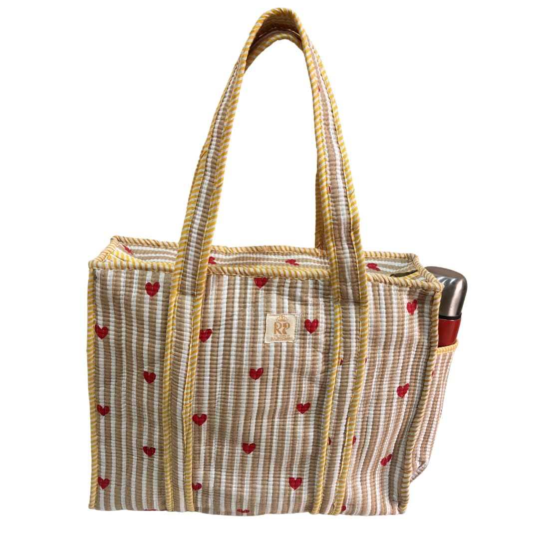The House of RajPadmini Floral Quilted Cotton Shopping Tote Bag, 16x16 inches, Striped Trim, External Bottle Pocket (Heart Beige (250 GSM Cotton))