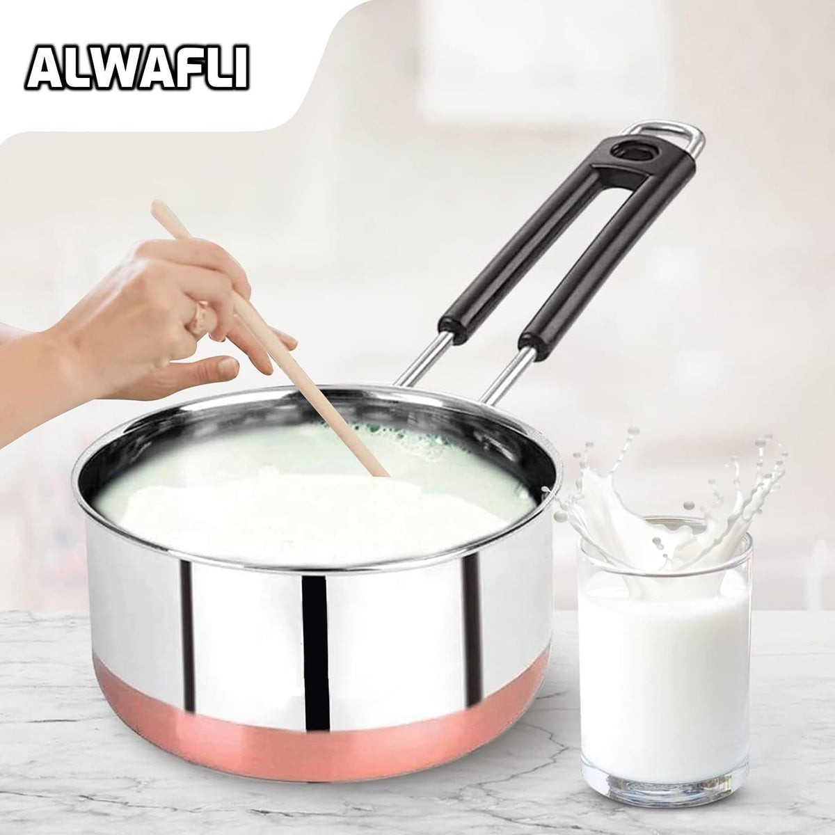 ALWAFLI Copper Bottom Stainless Steel Flat Base Sauce Pan, Milk Pan, Tapeli Patila, Sauce Pot Cookware Set Tea Maker Water Boiling with Handle Perfect for Kitchen (Pack of 1) (Copper 1.5 L)