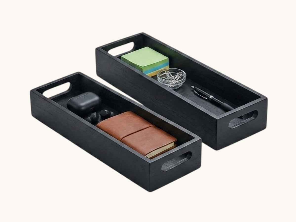Wooden Multipurpose Storage Tray Set of 2 | Black Rectangular Matte Finish Organizer Tray | Wooden Serving Tray for Tea, Coffee, Breakfast, Kitchen, Home Décor & Restaurant Use | 32 x 22.5 x 4 cm