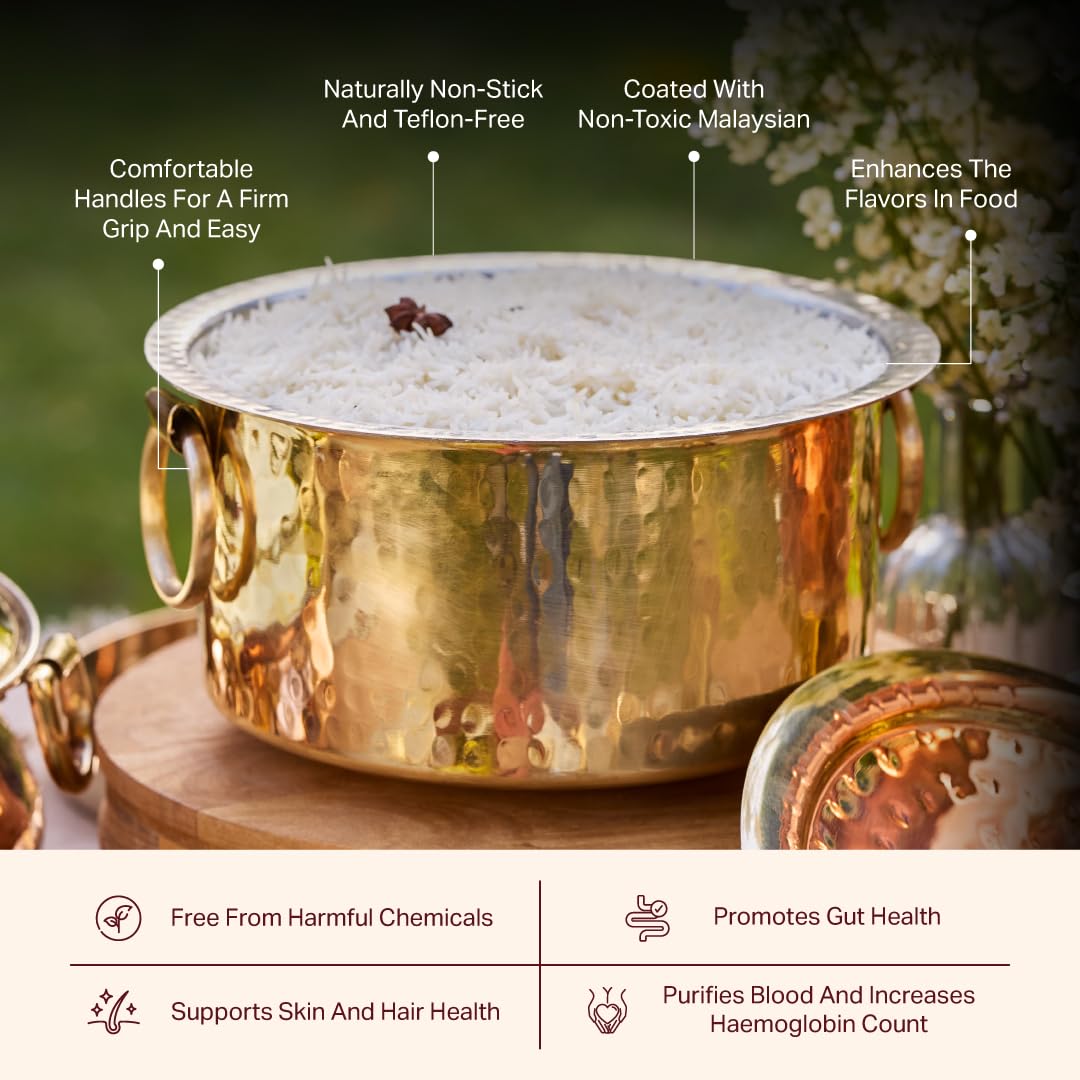 P•TAL Brass Patila for Cooking (3 litres) | 100% Pure Round Heavy Bottom | Hammered, Polished Tapeli/Patila/Bhagona | Golden Brass Handi (Free 30ml Copper & Brass Cleaning Solution)
