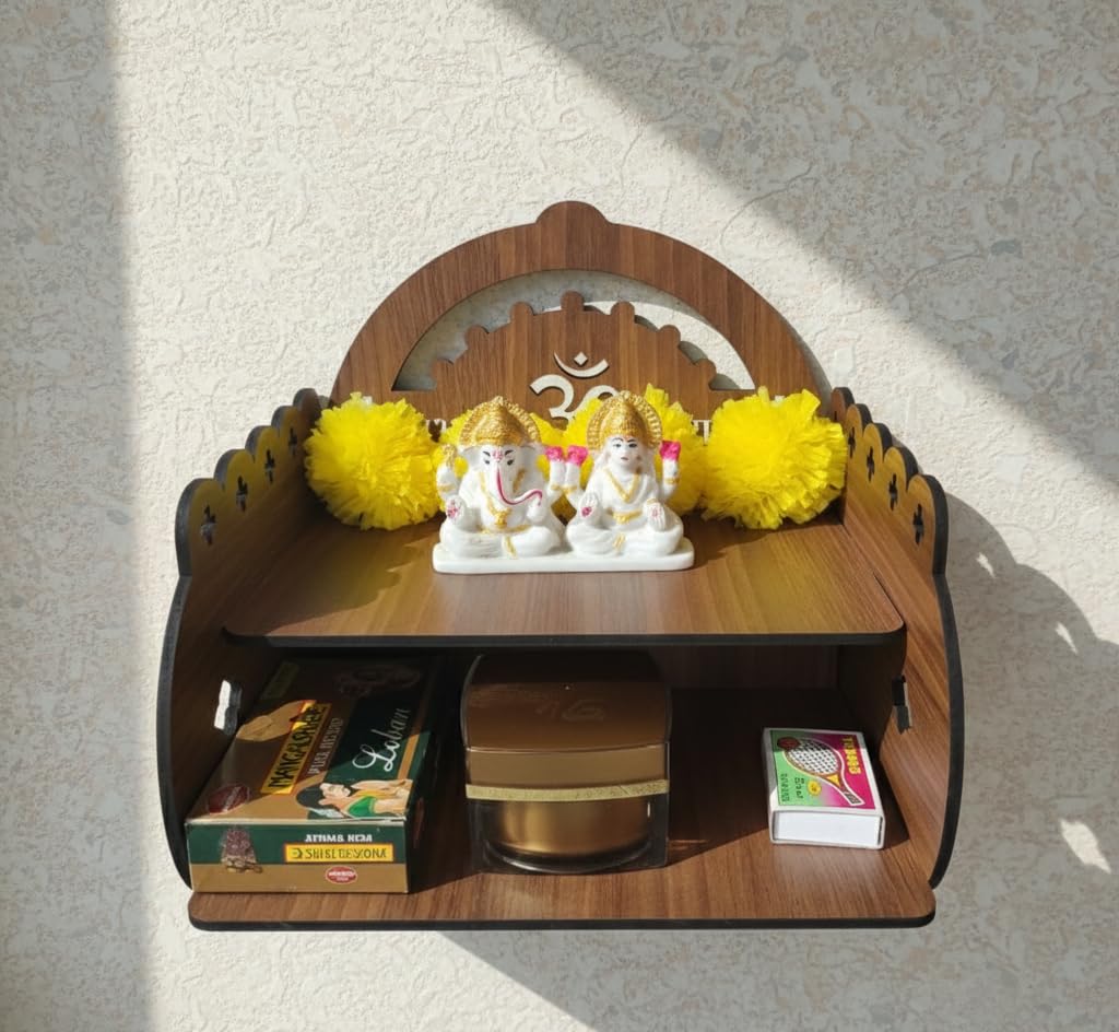 Bindian Wooden Wall Hanging Temple (Pooja Mandir) | Two-Tier Altar with Engraved 'Om' and 'Shubh Labh' | Decorative Brass Bells | Dark Brown Finish | Ideal for Home, Office, and Diwali Gifting