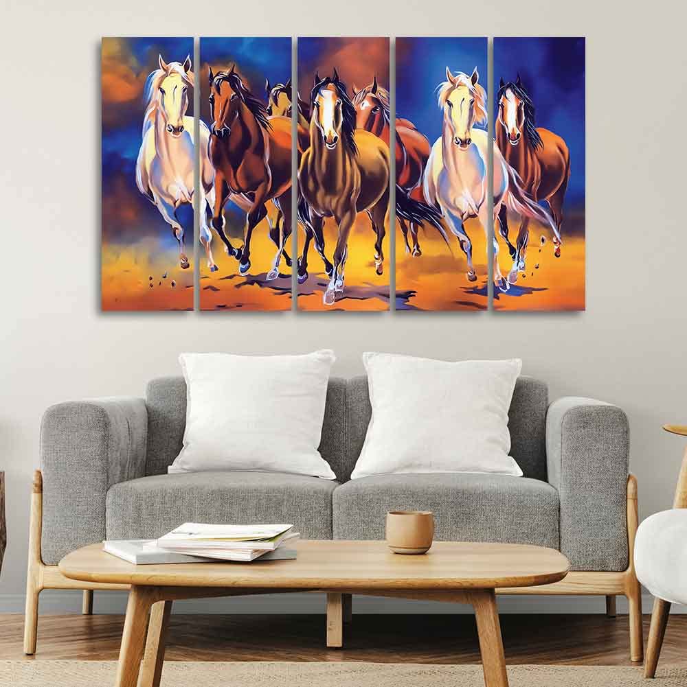 VIBECRAFTS Seven Horses Five Pieces Premium Canvas Bedroom Wall Painting For Home|Office|Living Room|Gift (PTVC5Pcs4_8628)