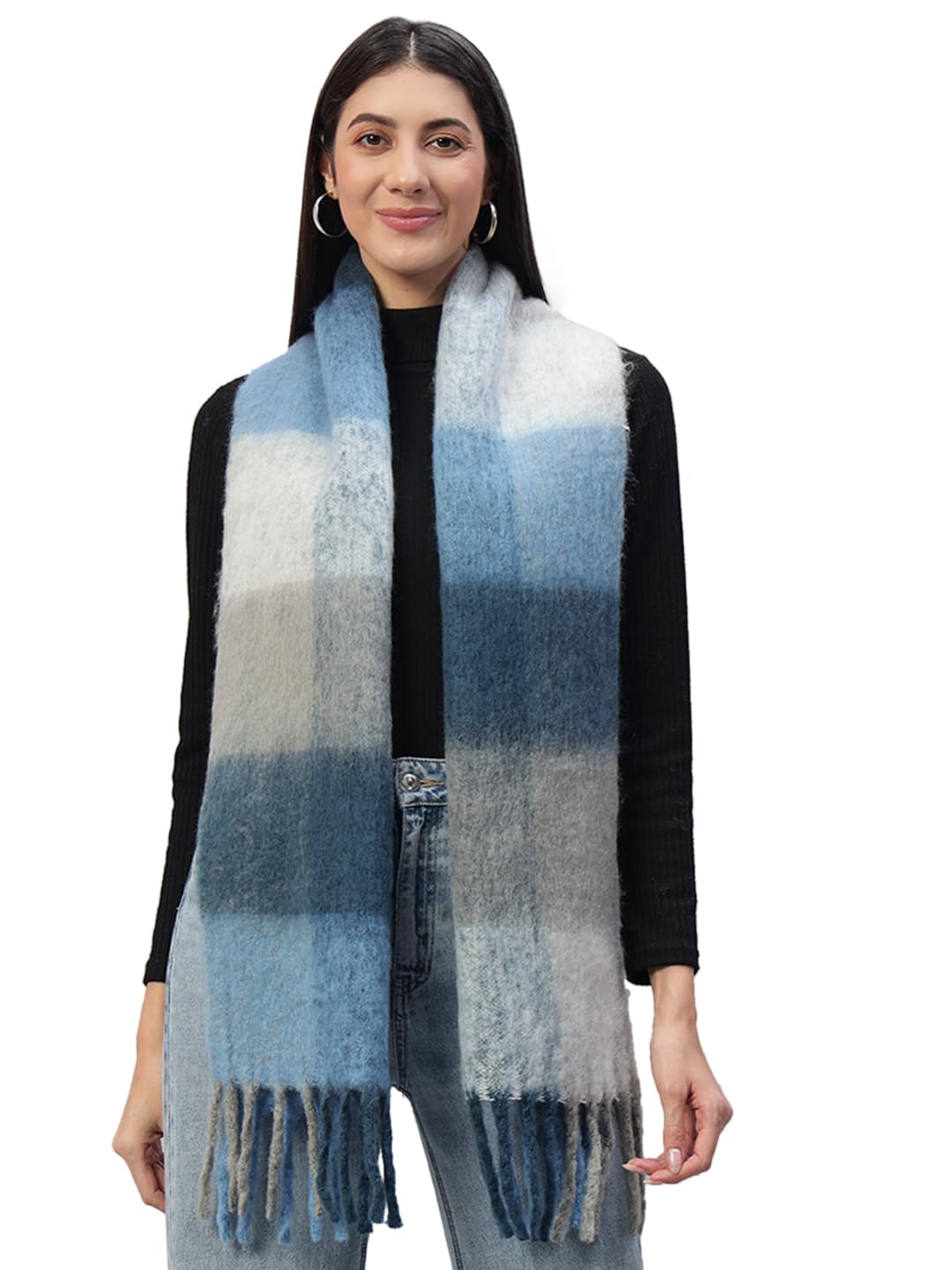 Ravaiyaa - Attitude is everything Reversible Wool Scarves Striped Pattern Women Neck Wraps Muffler Winter Wool Scarf 72 x14 Inch (Blue & White)