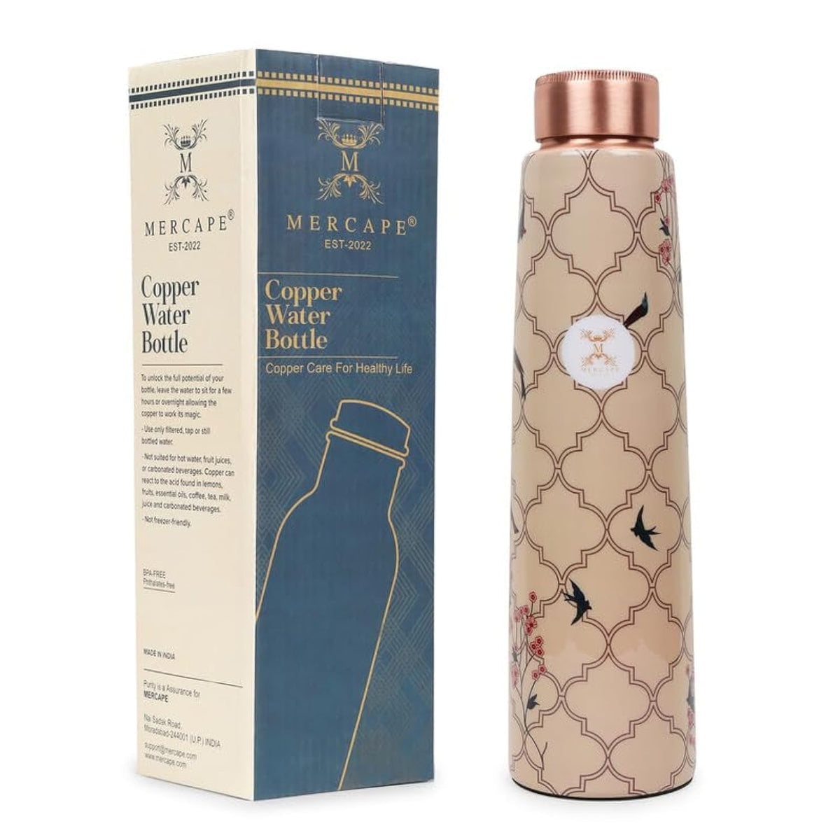 MERCAPE® Pure Copper Water Bottle 900 ml with Leak Proof Lid | Joint Less Designer Copper Bottle for Gym, School, Office & Travel | BPA Free Reusable Water Bottle for Daily Use & Gifting