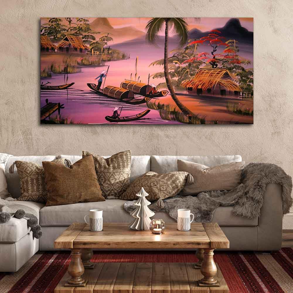 VIBECRAFTS Canvas Paintings for Living Room Drawing Room Beautiful Sunset Scenery Canvas Big Wall Painting Fitted With Wooden Frame for Home | Office | Gift (PTVCH_2332N)