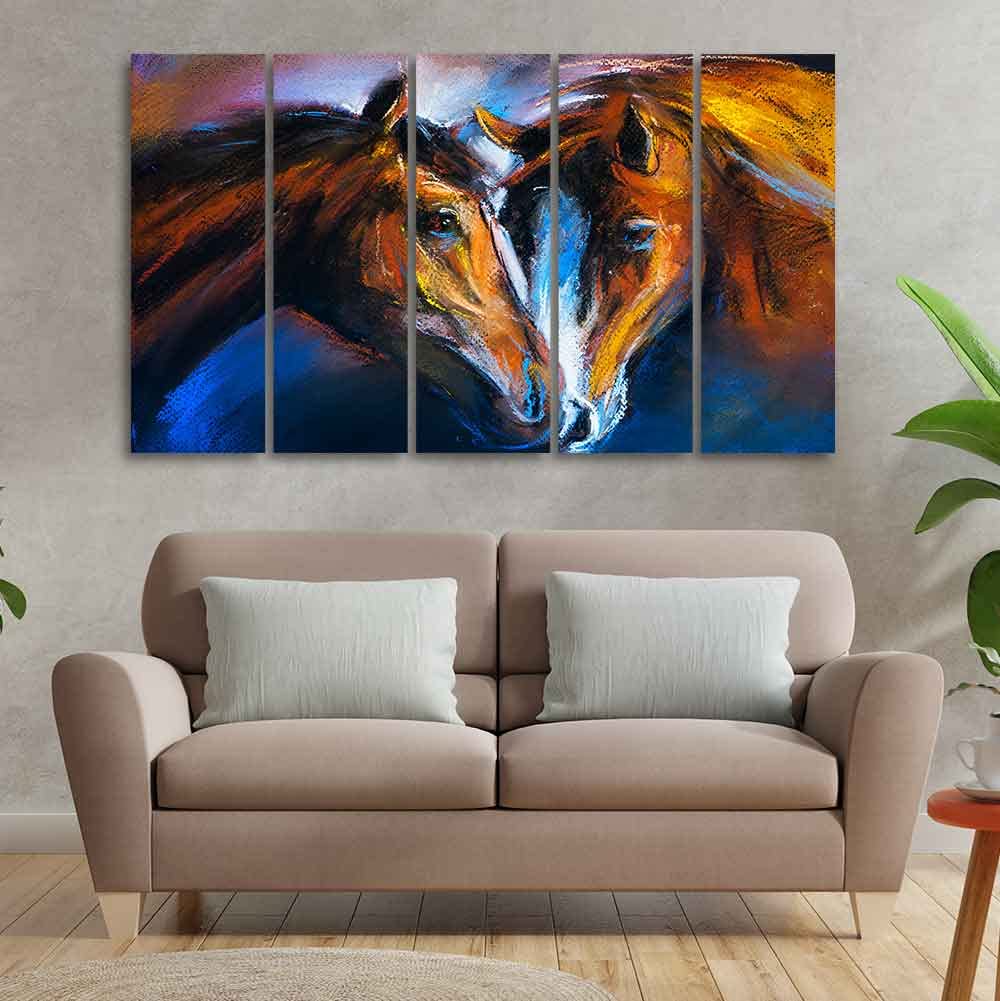 VIBECRAFTS Beautiful Pair of Horses Five Pieces Wall Painting For Home|Office|Living Room|Gift (PTVC5Pcs4_8573)