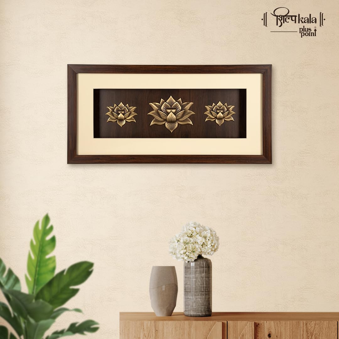 Shilpkala Brass Lotus Wall Art Frame 59 x 29 cm - Premium Brown Background Rectangular Wall Decor for Living Room, Temple, Office, Home Decoration, Housewarming & Gift Decor, (2+1 Design)