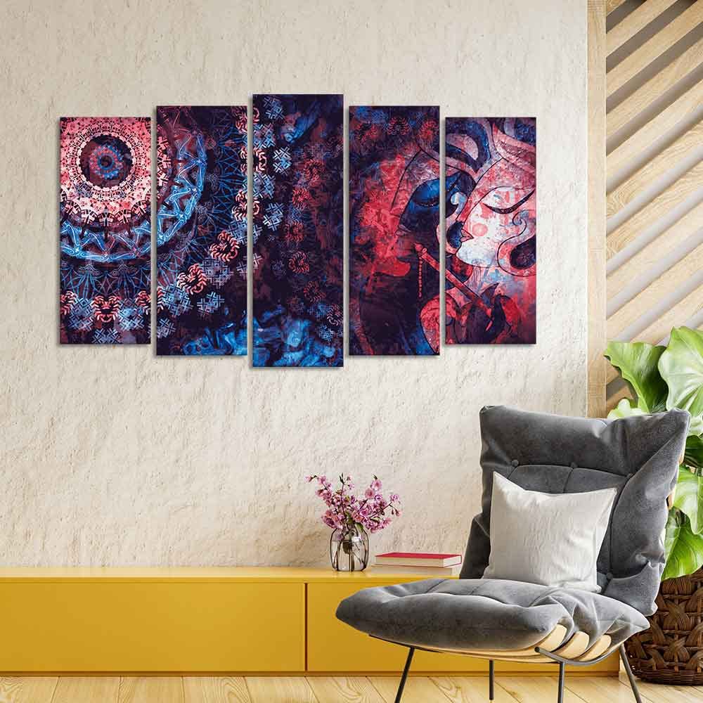 VIBECRAFTS Shree Radha Krishna Ancient Indian Vedic Big Wall Painting of Five Pieces For Home|Office|Living Room|Gift (PTVC5Pcs2_6613)