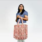 Vaishnav Exports Off-White & Rust Block Print Quilted Cotton Tote Bag for Women | Traditional Floral Shoulder Bag | Eco-Friendly, Reusable Carryall for Grocery, Travel & Daily Use