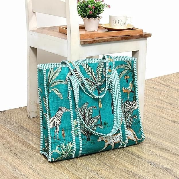 Yda fashion Handmade Quilted Cotton Tote Bag – Large Travel Shoulder Bag with Pockets, Lightweight & Durable – Stylish Printed Handbag for Daily uses (Pack of 2) (Multicolor7)