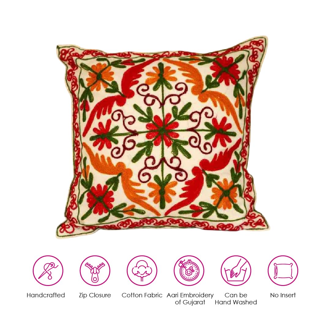 ATRANGI STUDIO Embroidered Cushion Covers - Set of 2 | Traditional Rustic Bloom Aari Embroidery | Threadwork Throw Pillow Covers with Zip Closure | Perfect for Sofa, Chair | 16x16 Inch, Multicolor