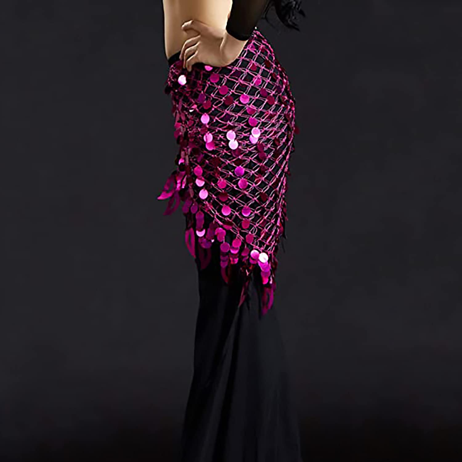 Vritraz Women's Chiffon Belly Dance Hip Scarf Waistband Belt Skirt Mixed Colors Sequence Beads And Coins Pink