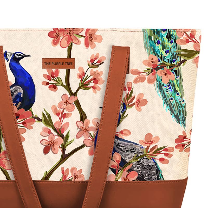 Purple Tree Handcrafted Women's Tote with Vegan Leather Handles, Peacock Shoulder Bag for Office and College, Oversized Tote (Pack of 1)
