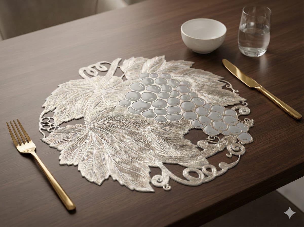 Table Placemats Elegant Light Golden Color with Stunning 3D Embossed Design | Durable, Waterproof & Stylish Dining Decor (Luxe Grapes, Pack of 6) Kafalo