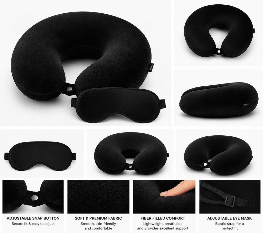 CloudBliss Memory Foam Travel Neck Pillow, Set of 2, Black & Black