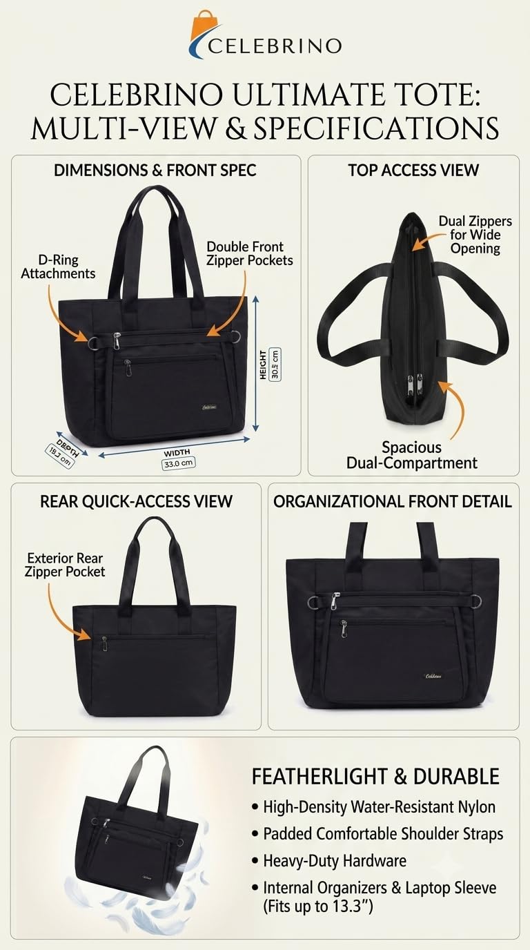 CELEBRINO Spacious Tote Handbag for Women | Nylon Hand Bags with Multiple Zip Compartments | Waterproof Large Shoulder Bag for Office, College, Travel & Shopping | Multi Pocket Zipper Handbags