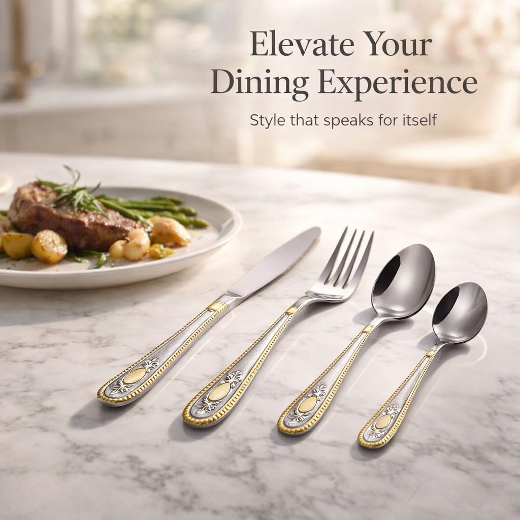 ANH MART Mirror Finish Silver Gold Plated Stainless Steel Flatware Set Copper Silverware Set Rose Gold Spoon Color Cutlery Set [Dinner Fork-Tea Spoon-Salad Spoon-Knife] Set of (Silver Gold, 4)