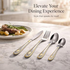 ANH MART Mirror Finish Silver Gold Plated Stainless Steel Flatware Set Copper Silverware Set Rose Gold Spoon Color Cutlery Set [Dinner Fork-Tea Spoon-Salad Spoon-Knife] Set of (Silver Gold, 32)