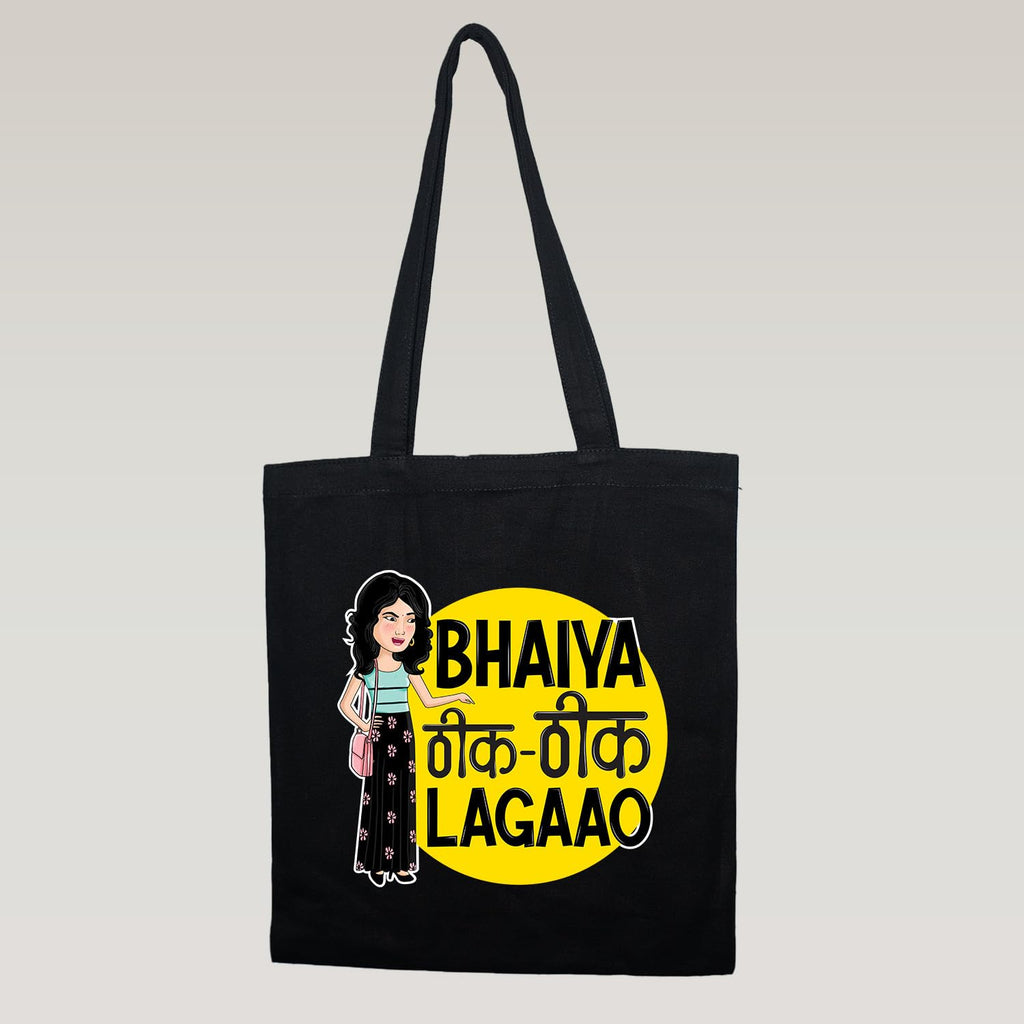 Tedhi Medhi Family Cotton Canvas Bhaiya Theek Theek Lagao Tote Bag (Black,15x13 Inch)
