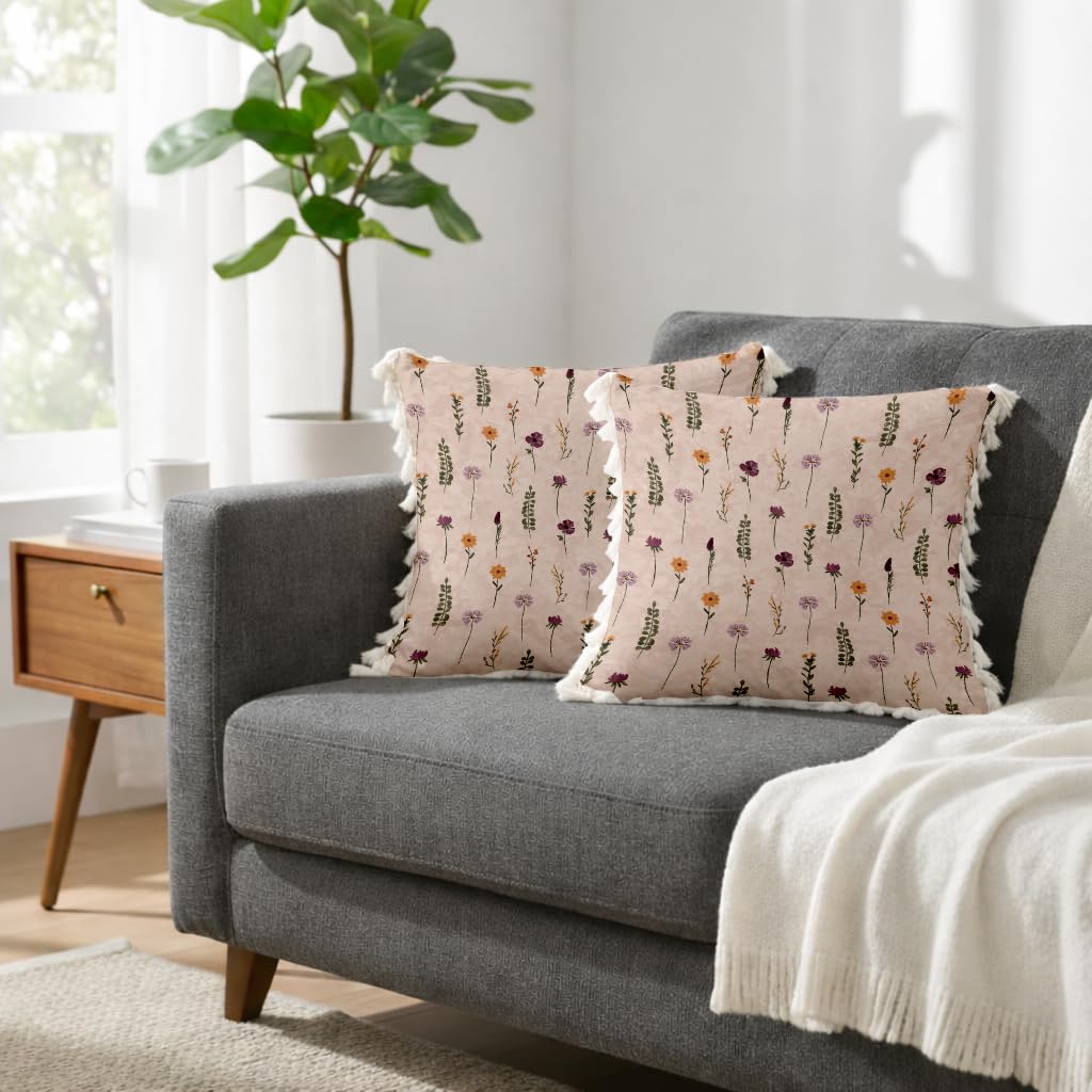 STITCHNEST 'Little Meadow Series' Tassled Cushion Cover | Set of 2 | Floral Cushion Cover 16 inch x 16 inch