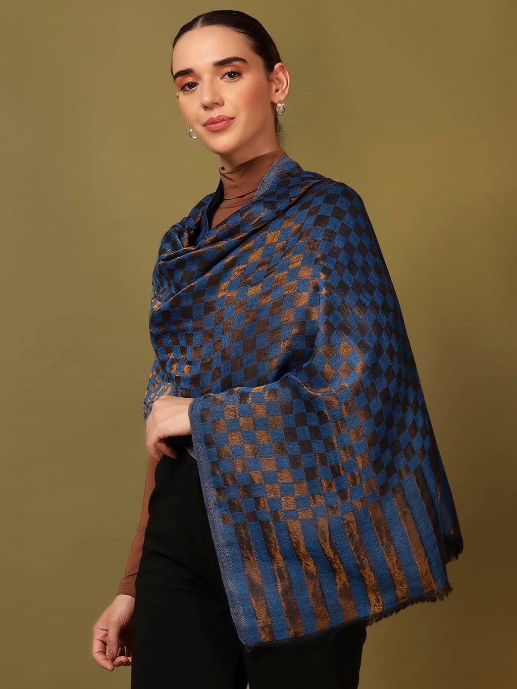 Pashmoda Women Champagne Check Reversible Zari Moonlight Fine Wool Stole (Size : 28x80in, 71X203cm) ZSST02