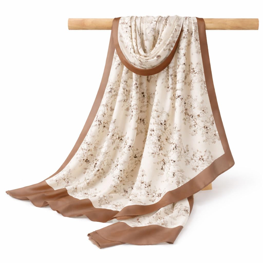 Women’s Cream & Brown Viscose Printed Scarf – Soft Lightweight Floral Pattern Shawl Wrap – Fashion Stole Dupatta for Casual, Office, Travel & All Season Wear