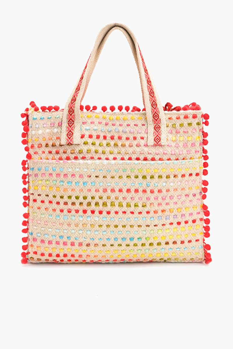 Boho Girl Handmade Embroidered Jute Tote Bag for Women, Eco-Friendly Parrot Design, Pom-Pom Accents, Spacious & Durable, Convertible Handbag & Shoulder Bag, Perfect for Travel & Beach 9 inch