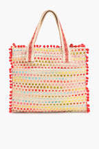Boho Girl Handmade Embroidered Jute Tote Bag for Women, Eco-Friendly Parrot Design, Pom-Pom Accents, Spacious & Durable, Convertible Handbag & Shoulder Bag, Perfect for Travel & Beach 9 inch