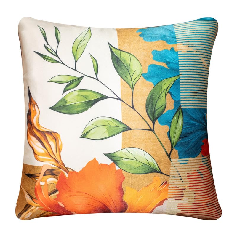 Vendola Decorative Satin Sofa Cushion Covers Set of 5, 24 Inch x 24 Inch 5 Piece, Sofa Big Cushion Pillow Cover, Beige, Green and Blue Colour, Floral Design, Zipper Closure (Camira, 24X24 Inches)
