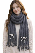 PAUL SONS Women’s Knit Winter Scarf with Bow Details, Classic Fringe Ends, Warm & Lightweight Cold-Weather Wrap for Casual, Holiday & Gift Wear (1, GREY, MEDIUM)